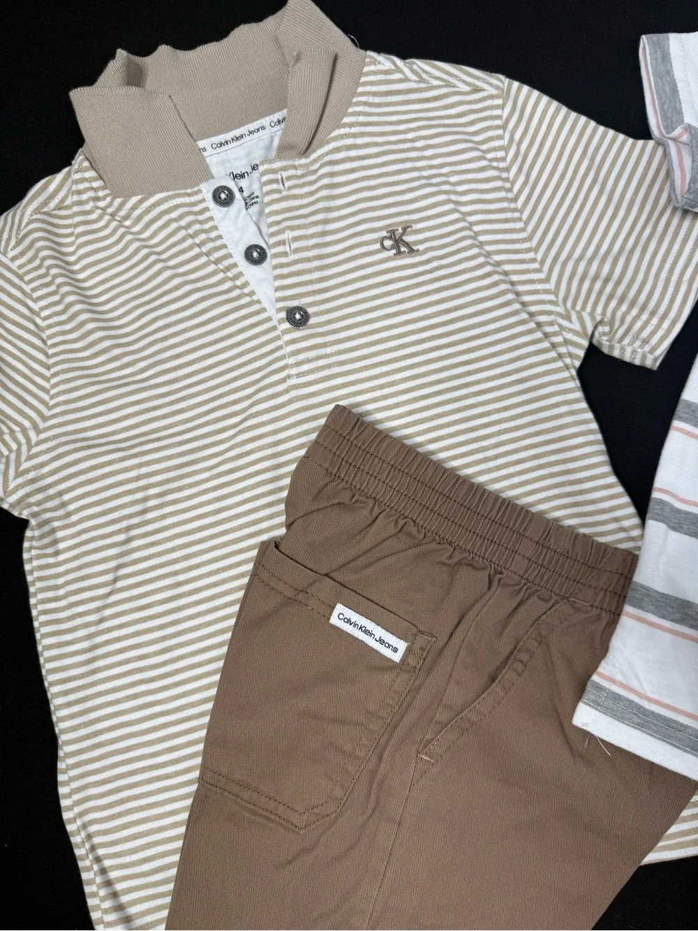 CK Kids Striped Polo Set in Beige, Gray and Pink size 4